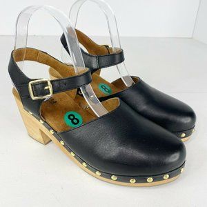 Skechers Size 8 Black Studded Clogs Shoes Leather Wooden Heel Ankle Strap